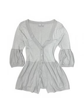Vintage Nevada Sz XS Taupe & Cream Babydoll Cardigan W 3/4 Puff Sleeves Coquette